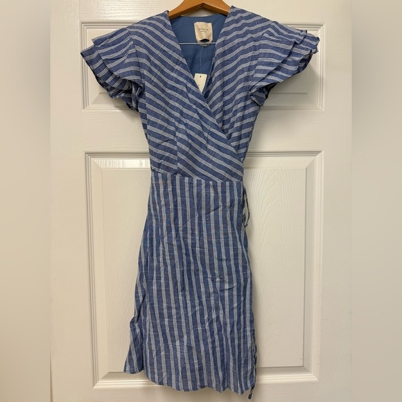 Harper Dresses & Skirts - Francesca’s Harper Heritage Blue/White Striped Flutter Sleeve Wrap Dress Size XS